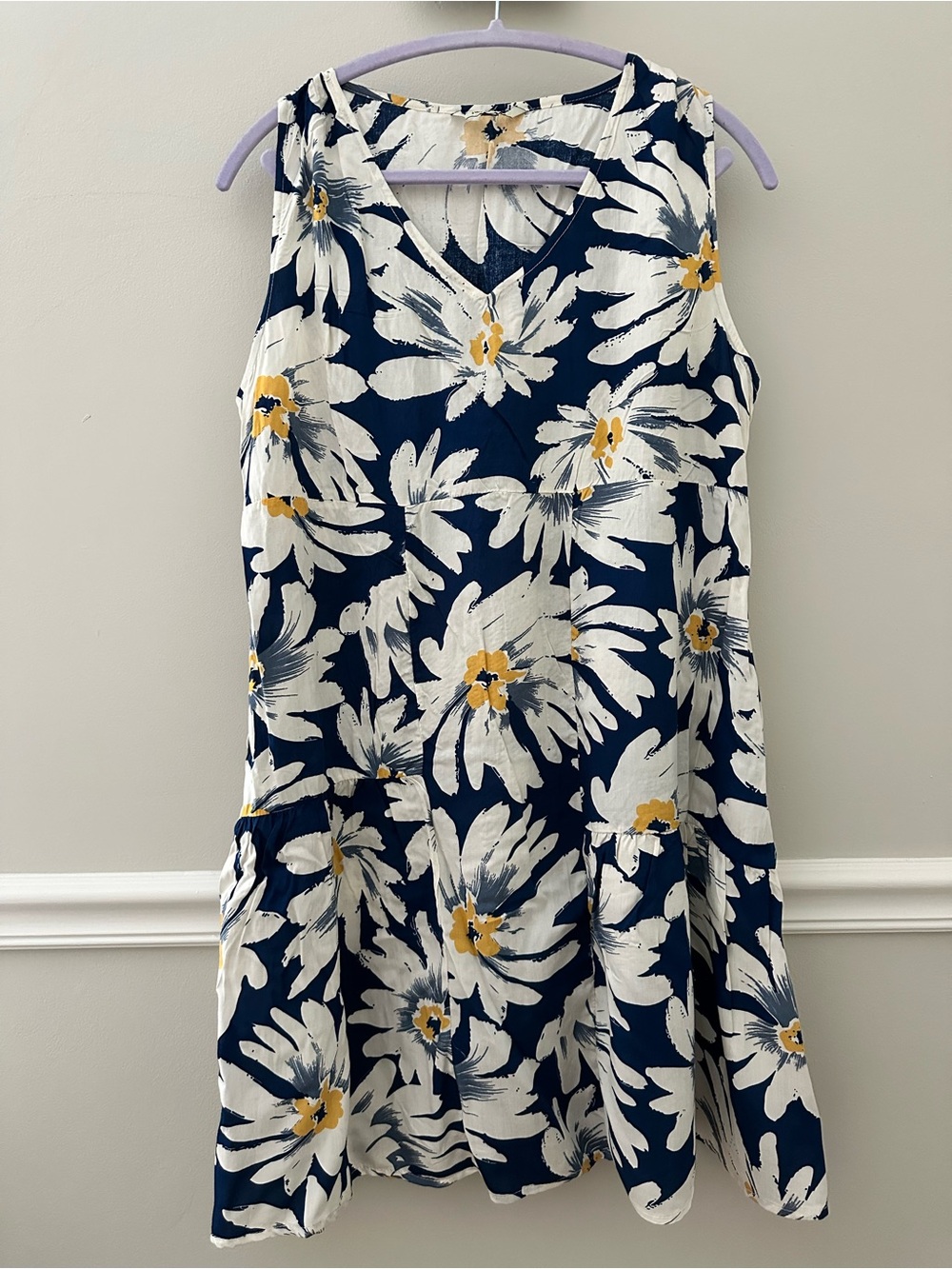 Floral V-Neck Summer Dress in Navy, White & Yellow Medium